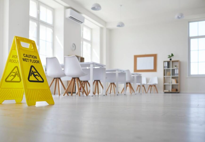 School classroom where cleaning service worker placed sign which reads Caution Wet Floor