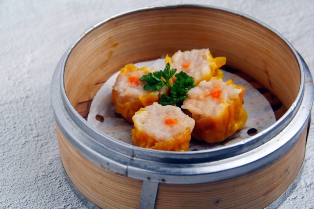 Freshly cooked Chinese food called steamed dimsum or dumplings