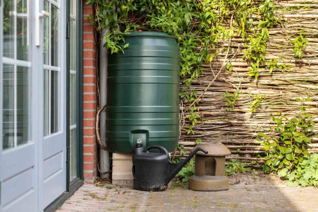 homeguide rainwater harvesting system with a green barrel to store water (1)