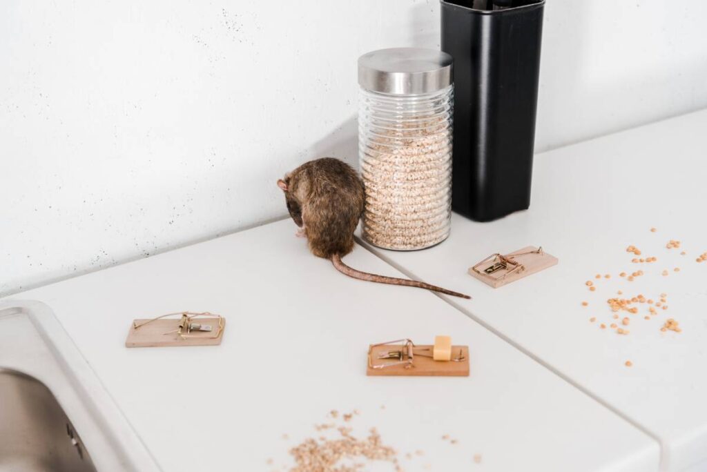 selective focus of small rat near glass jar with barley and mousetraps, rodents control service concept