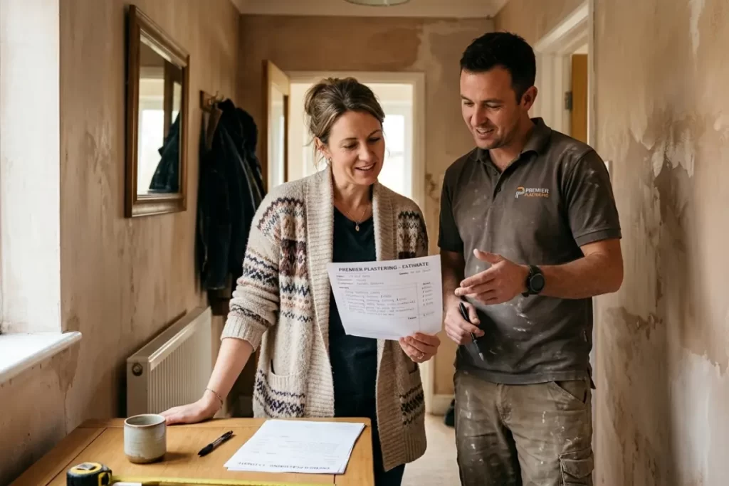 reviewing plastering quote with tradesperson
