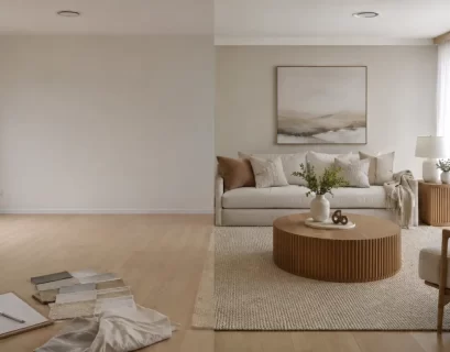 Home stylist preparing a Sydney living room before a house sale