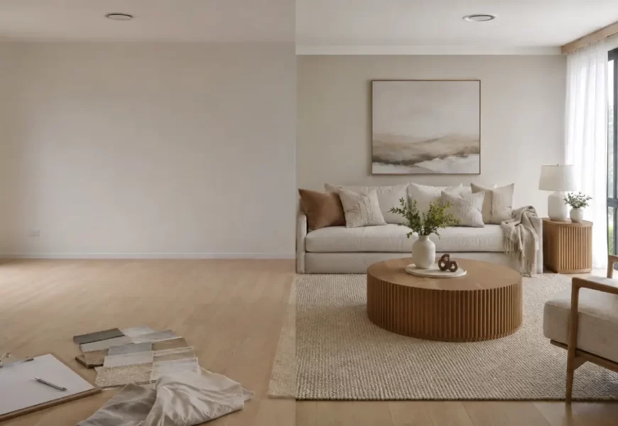 Home stylist preparing a Sydney living room before a house sale