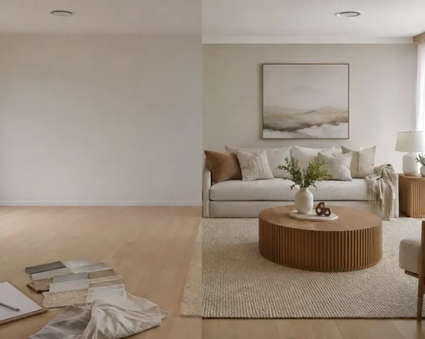 Home stylist preparing a Sydney living room before a house sale