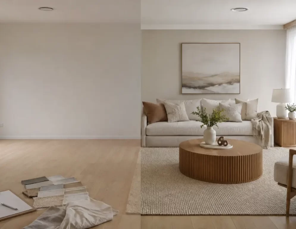 Home stylist preparing a Sydney living room before a house sale