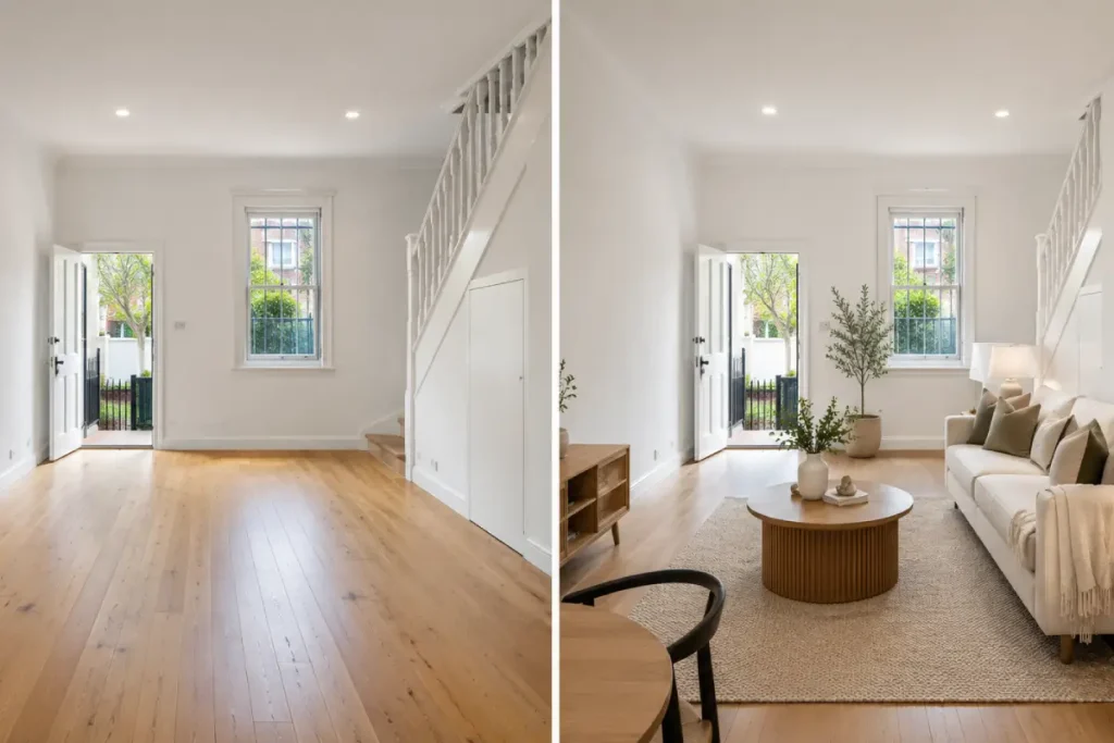 Vacant versus styled living room in a Sydney terrace before a house sale
